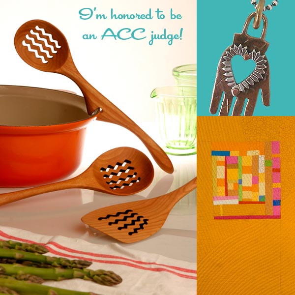 Wood spoons by Spoonwood Inc., hand necklace by Thomas Mann, quilt by Cindy Grisdela